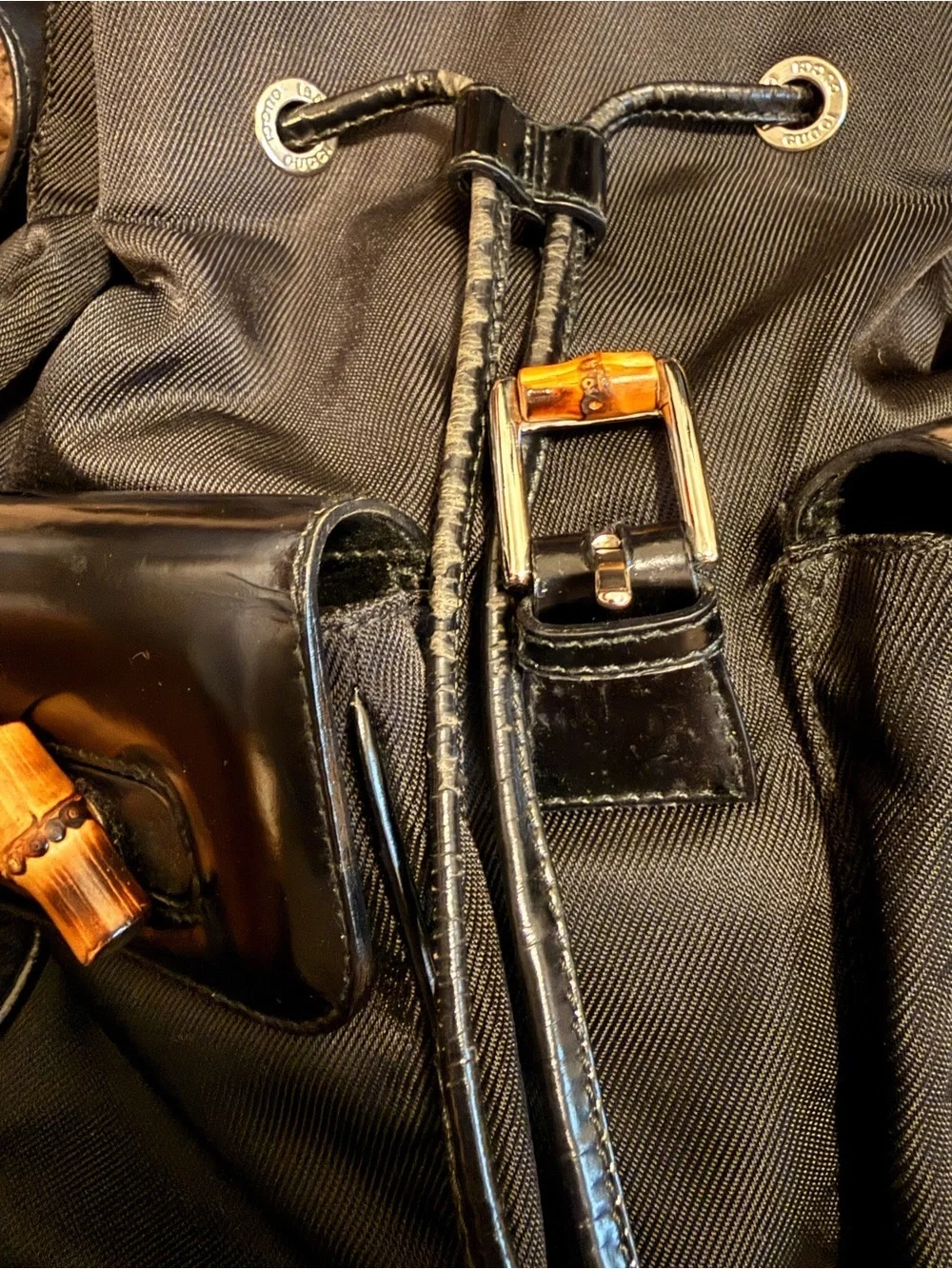 Gucci Black Nylon Backpack with Bamboo Handle and Pocket Accents